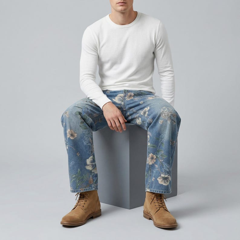 May include: A person wearing a white long-sleeve shirt, blue jeans with a floral pattern, and tan boots. The jeans feature a light blue wash with a detailed floral design in shades of white, beige, and green.