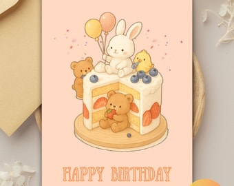 May include: A printable birthday card featuring a whimsical illustration. A white bunny and yellow chick sit atop a cake decorated with strawberries and blueberries. Two teddy bears are also on the cake. The card has the words "HAPPY BIRTHDAY".