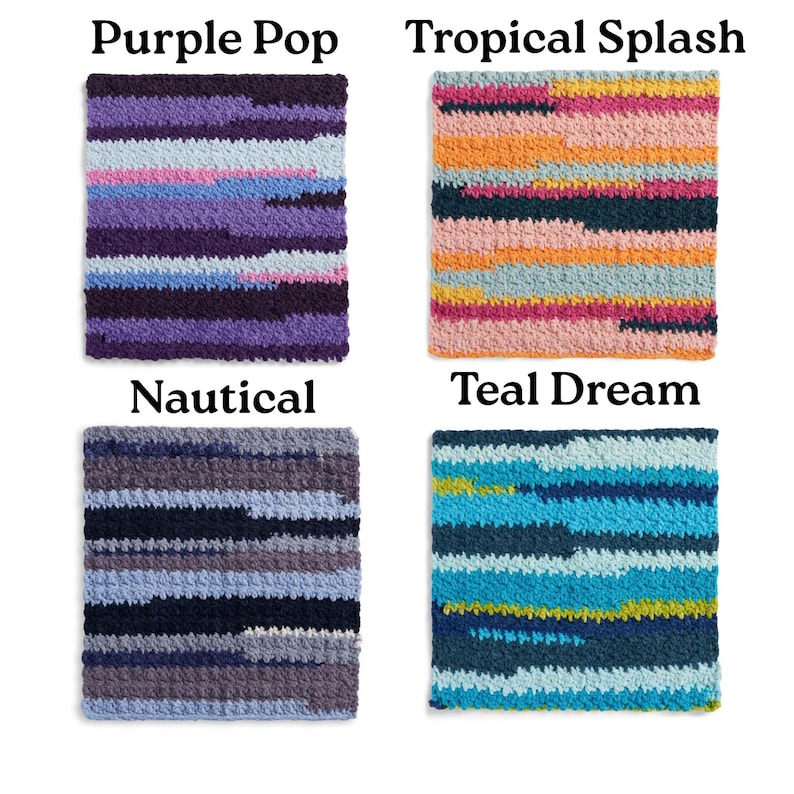 Puede incluir: Cuatro cuadrados texturizados y coloridos con los nombres "Purple Pop", "Tropical Splash", "Nautical" y "Teal Dream" impresos encima. Los cuadrados presentan varias combinaciones de colores, incluyendo morados, naranjas, azules y verdes, creando una exhibici&oacute;n vibrante.