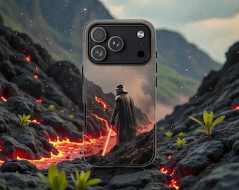 May include: A black smartphone case featuring a Star Wars scene with Darth Vader standing on a volcanic landscape with a red lightsaber. The case has a black camera module and a clear border.
