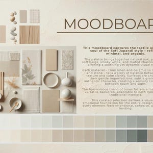 May include: A moodboard with the word "MOODBOARD" at the top. The board features various samples of materials, including wood, fabric, and stone, in neutral tones. A color palette at the bottom displays shades of beige, gray, and green.