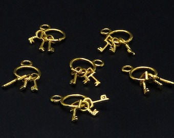 2pc - 26x9mm Tibet Tibetan Gold Metal Keychain With Skeleton Keys Pendant Charm Drop