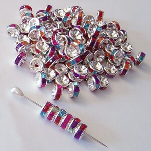 6pc - 10mm Mixed Color Crystal Rhinestone Round Rondelle Bead Spacers Silver Plated