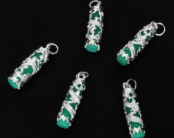 35mm Green Jade Silver Plated Intricate Dragon Wrapped Column Pendant Charm