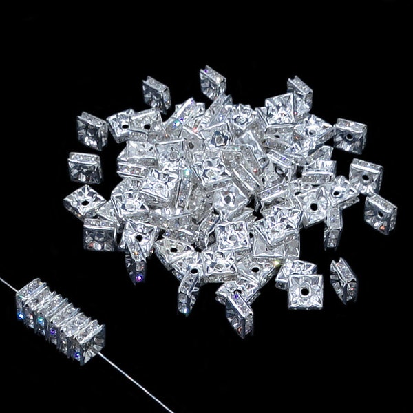 10pc - 6mm Silver Plated Clear Crystal Rhinestone Rondelle SQUARE Bead Spacers