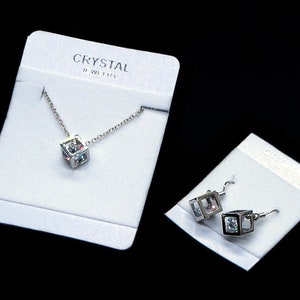 UNIQUE Geometric Minimalist Crystal FILLED Silver CUBE 19&quot; Necklace With Matching Cube Earrings Set