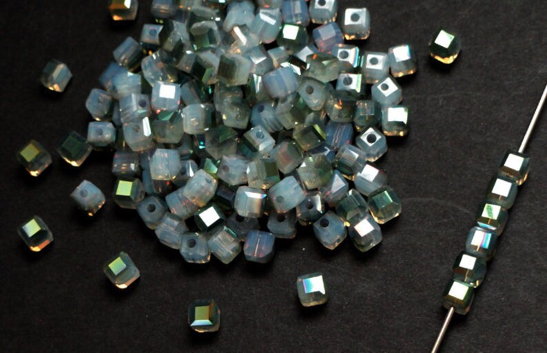 12pc 6mm Thunder Polish Faceted Green Sahara White Opal Crystal Cube Spacer Beads image 3