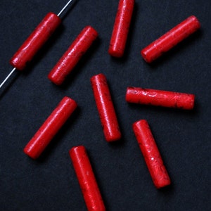 4pc - 34mm Rose Red With Metallic Red Swirl Column Pillar Tubular Focal Spacer Beads