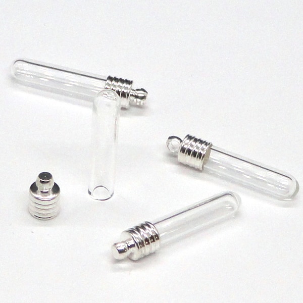 32x7mm Silver Plated PERSONALIZABLE Glass FILLABLE Vessel Ampoule Vial Cylindrical Pendant Charm