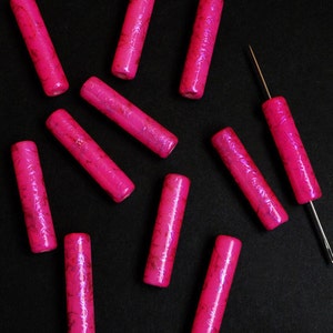 4pc - 34mm Fuchsia Pink With Metallic Pink Swirl Column Pillar Tubular Focal Spacer Beads
