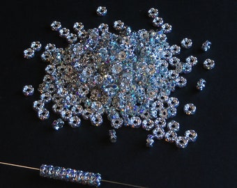 10pc - 4mm Rare Vintage Swarovski Crystal AB Rhinestone Lacy Round Baby Rondelle Silver Plated Bead Spacers