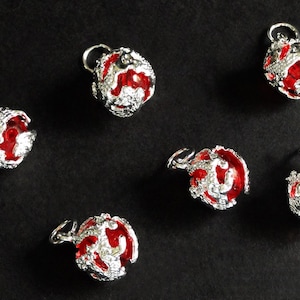 20mm Light Siam Red Silver Plated Intricate Dragon Wrapped Round Sphere Glass Pendant Charm
