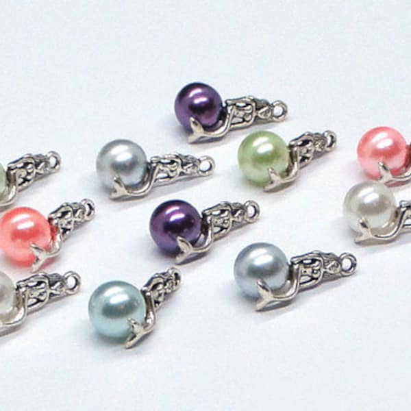 6pc - 19x13mm Silver Plated Mermaid 6 COLOR MIX Pearl Drop Pendants Charms Fits Pandora Style Jewelry