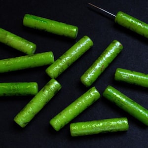 4pc - 34mm Lime Green With Metallic Green Swirl Column Pillar Tubular Focal Spacer Beads
