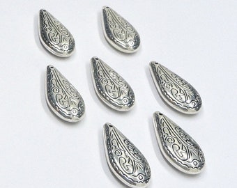 6pc - 38x19mm Vintage Silver Plated TEARDROP Antiqued Intricate 2-Sided SWIRL Design Pendants