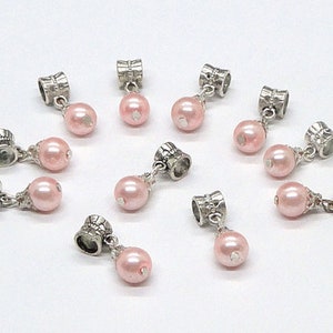 4pc - 20x7mm Silver Plated Round LIGHT ROSE PINK Pearl Drop Pendants Charms Fits Pandora Style Jewelry