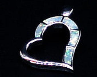 Unique 30x22mm Sterling Silver and White FIRE OPAL Heart Pendant Charm Drop