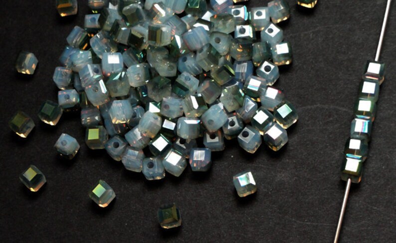 12pc 6mm Thunder Polish Faceted Green Sahara White Opal Crystal Cube Spacer Beads image 2