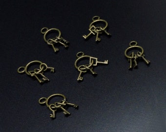 2pc - 26x9mm Tibet Tibetan Bronze Metal Keychain With Skeleton Keys Pendant Charm Drop