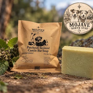 Peut inclure: Un pain de savon rectangulaire vert clair à côté d'un sachet en papier brun étiqueté Mojave North Star Co. Patchouli Scented Castile Bar Soap. Le sachet présente un dessin de chien et liste des ingrédients comme l'huile d'olive.