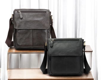 Herren Umhängetasche, Umhängetasche aus echtem Leder mit Klappendesign