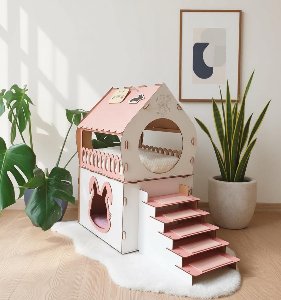 Terrace Rabbit Luxury Duplex Bunny House, 2-story Rabbit Villa Terrace, Handmade MDF ...