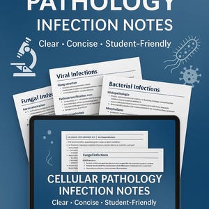 May include: A digital illustration of a tablet displaying "Cellular Pathology Infection Notes." The image features text: "Clear, Concise, Student-Friendly." Additional documents on viral, fungal, and bacterial infections are also visible.