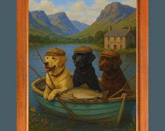 Labrador Fishing Whimsical Art Print, Tweed Hat Rustic Cabin Décor, Labrador Dog Lover Funny Gift Wall Art Instant Download