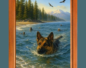 German Shepherd Wall Art, Coastal Dog Print, Ocean & Mountain Landscape Art