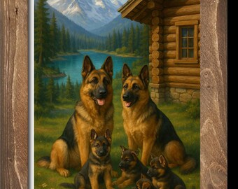 German Shepherd family Wall Art, Mountain Cabin Lake Scene, Dog Art Digital Download