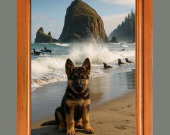 German Shepherd Puppy Print – Coastal Dog Wall Art (Digital Download)