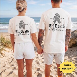 Comfort Colors Custom Til Death Gothic Bride Shirt, Matching Skeleton Hand Wedding Tee, Personalized Mr and Mrs Gothic Gift For Newlyweds