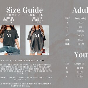 The image is a size guide for a clothing brand, displaying the recommended sizes for different age groups: adult and youth. It includes images of two models wearing the same style of shirt, along with the corresponding sizes and recommended styles for each age group.