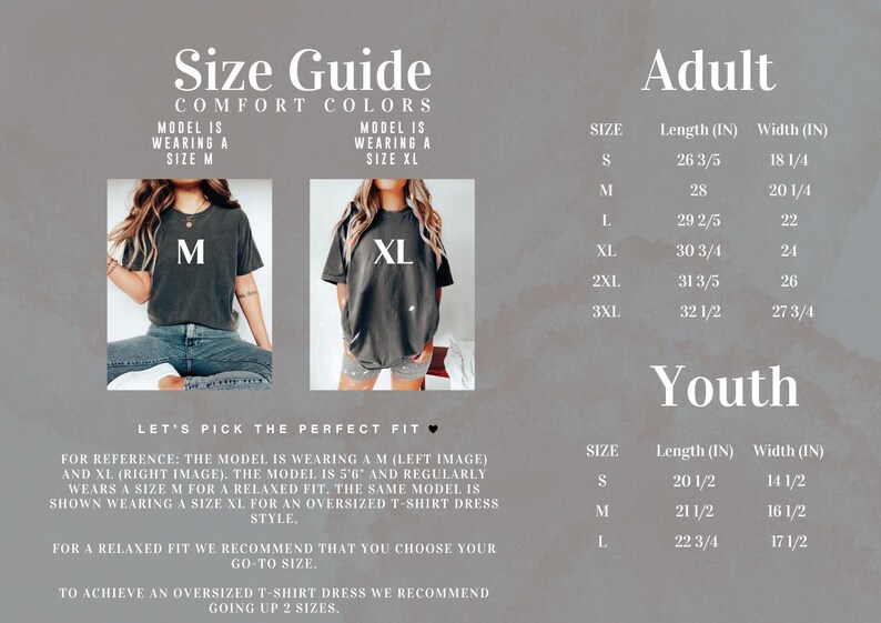 The image is a size guide for a clothing brand, displaying the recommended sizes for different age groups: adult and youth. It includes images of two models wearing the same style of shirt, along with the corresponding sizes and recommended styles for each age group.