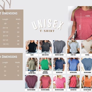 The image is a collage of various t-shirt designs, including adult and youth sizes, along with their corresponding measurements. The collage also includes a section titled "UNISEX T-SHIRTS" and a section titled "Youth Dimensions" that displays different styles of t-shirts.