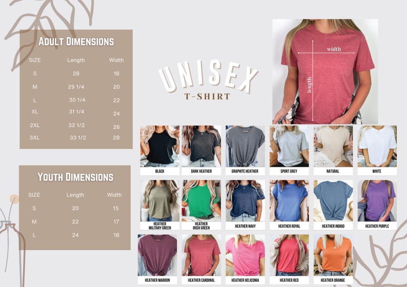 The image is a collage of various t-shirt designs, including adult and youth sizes, along with their corresponding measurements. The collage also includes a section titled "UNISEX T-SHIRTS" and a section titled "Youth Dimensions" that displays different styles of t-shirts.