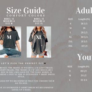 The image is a size guide for a clothing brand, displaying the recommended sizes for different age groups: adult and youth. It includes images of two models wearing the same outfit, along with the corresponding sizes and corresponding descriptions.
