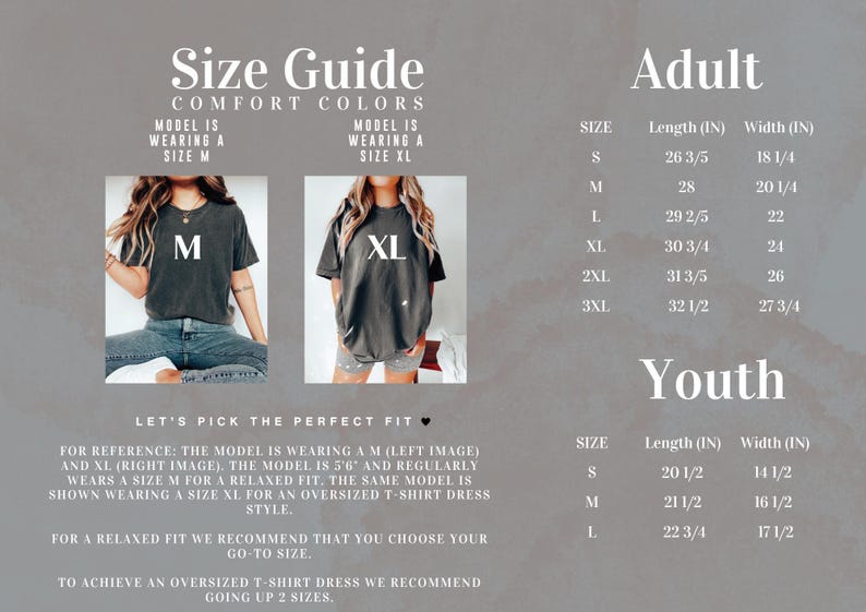 The image is a size guide for a clothing brand, displaying the recommended sizes for different age groups: adult and youth. It includes images of two models wearing the same outfit, along with the corresponding sizes and corresponding descriptions.