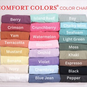 a color chart with various colored t-shirts arranged in rows, each representing a different color.