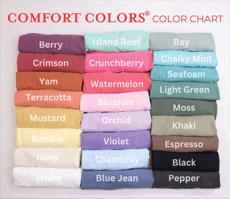 a color chart with various colored t-shirts arranged in rows, each representing a different color.