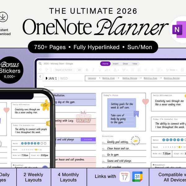 OneNote Planner 2026 • Digitale planner met hyperlinks • Sjabloon voor één notitie voor projectbeheer en werkplanning • Bonusstickers!