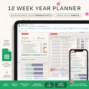 May include: A digital planner displayed on a tablet, phone, and a tablet. The planner includes sections for setting goals, tracking habits, and reflecting on growth. Text includes "12 Week Year Planner", "Supercharge Your Productivity", and "Track Daily Habits".