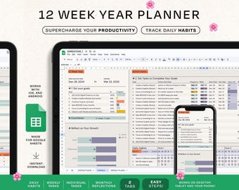 12 Week Goal Planner Google Sheets • Goal Tracker Spreadsheet • Quarterly Goals Planner Google Sheets Spreadsheet Template • Habit Tracker
