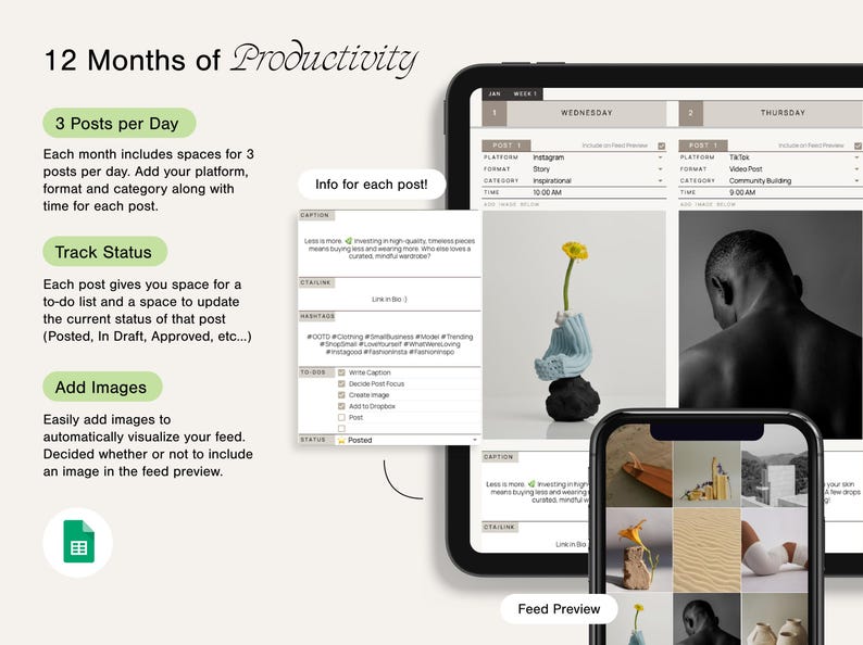 May include: A digital planner app interface with a calendar, a list of tasks, and a feed preview. The app is designed to help users plan and track their productivity.