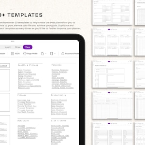 May include: A screenshot of a digital planner app with a list of over 50 templates for different categories, including health and fitness, finances, productivity, nutrition, and life and other. The app has a purple and white color scheme.
