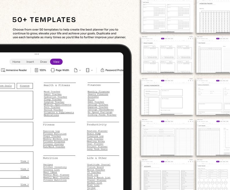 May include: A screenshot of a digital planner app with a list of over 50 templates for different categories, including health and fitness, finances, productivity, nutrition, and life and other. The app has a purple and white color scheme.