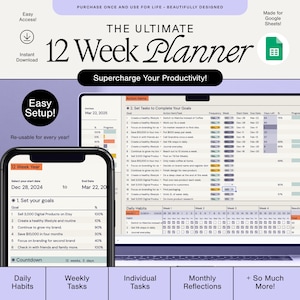 12 Week Year Goal Planner: Google Sheets Project Tracker (Digital Download)