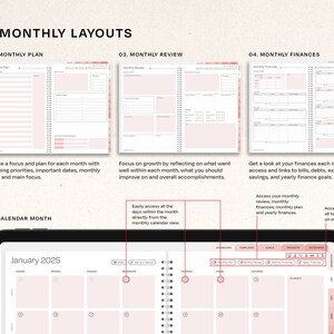 May include: A planner with four monthly layouts: Monthly Plan, Monthly Review, Monthly Finances, and Calendar Month. The planner includes sections for outlining priorities, reviewing finances, and planning. The text "January 2025" is visible.