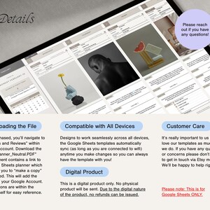 May include: A digital product description for a Google Sheets planner template. The image shows a screenshot of the template on a tablet, along with text describing the product's features and benefits. The text includes information about downloading the file, compatibility with all devices, and customer care.