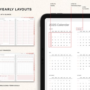 May include: A digital planner with a 2025 calendar displayed on a tablet. The planner features yearly layouts, including a year-at-a-glance view, yearly finances, and yearly/long-term goals. The calendar shows months with dates and links to weeks and individual days.